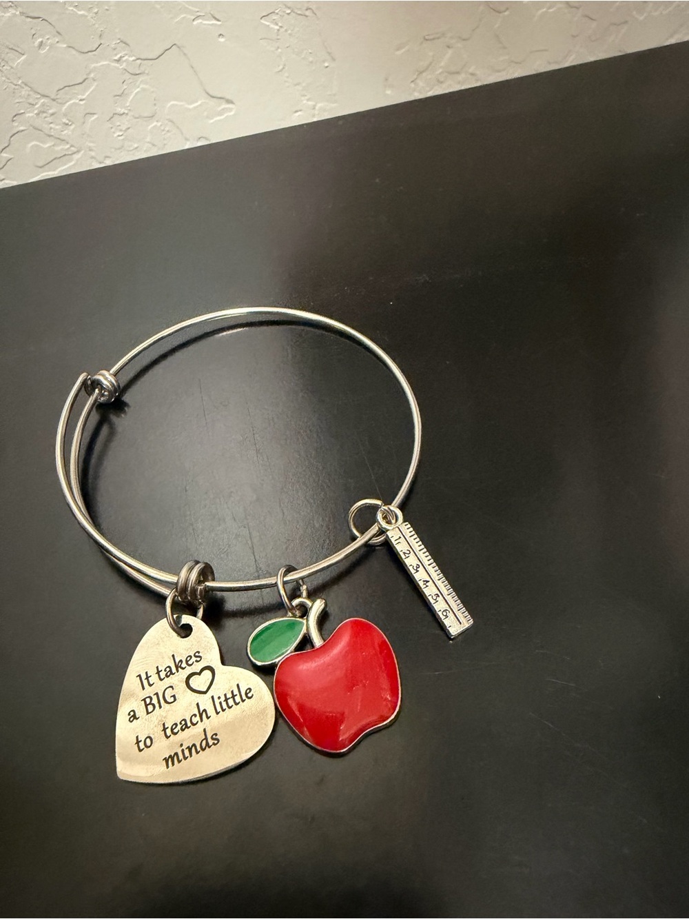 Teacher Appreciation Silver Tone Charm Bangle Bracelet Apple Ruler Heart